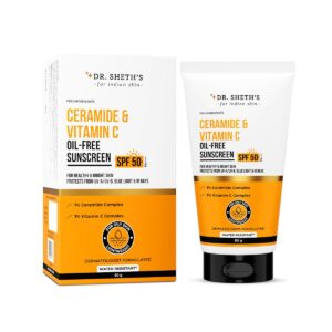 Dr. Sheth's Ceramide & Vitamin C Oil-Free Sunscreen SPF 50+ PA++++ | Clinically Tested- (In -Vivo) | For Healthy & Bright Skin | Lightweight & Non Greasy | For UVA/UVB & Blue Light & IR Protection | No white cast | For Oily Skin | For Men & Women | 50 g